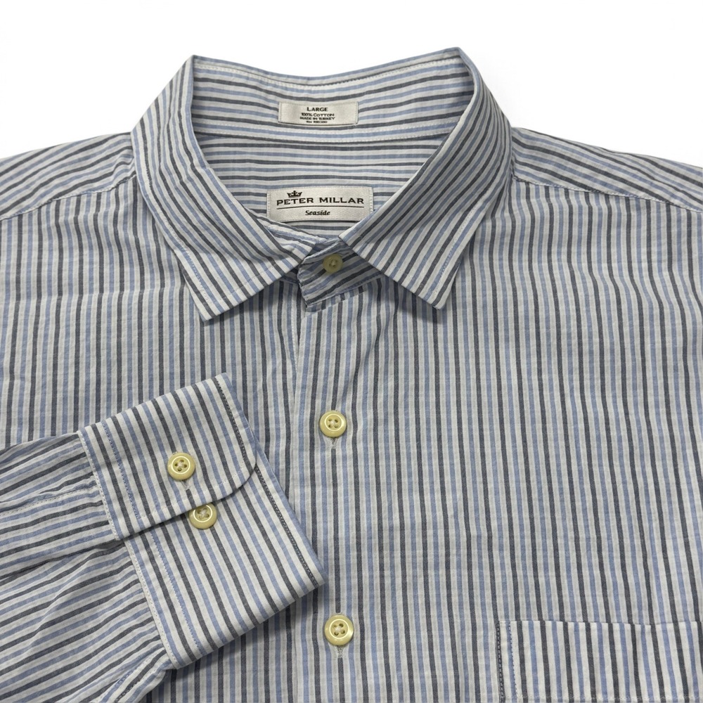 Peter Millar Seaside Mens Large Blue Striped Cotton Button Up Shirt Long Sleeve